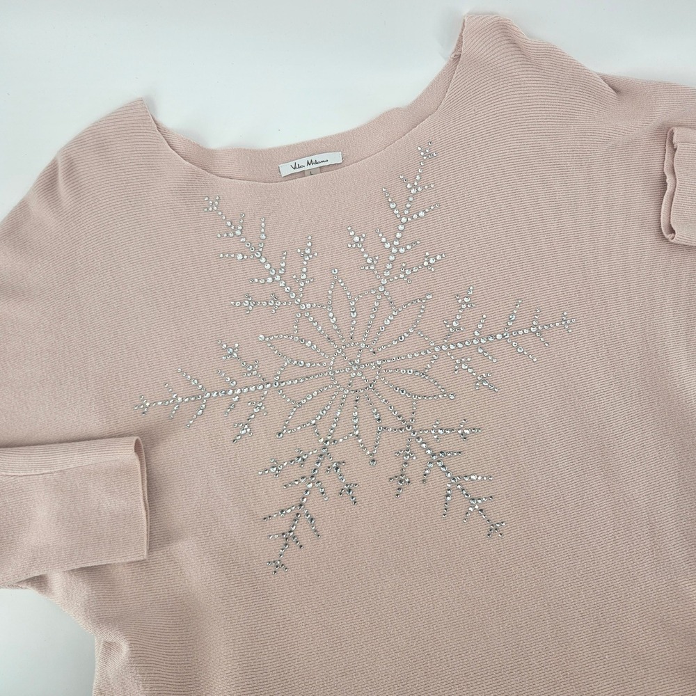 Vila Milano Women Large Sweater Wool Blend Rhinestone Snowflake Pink Holiday